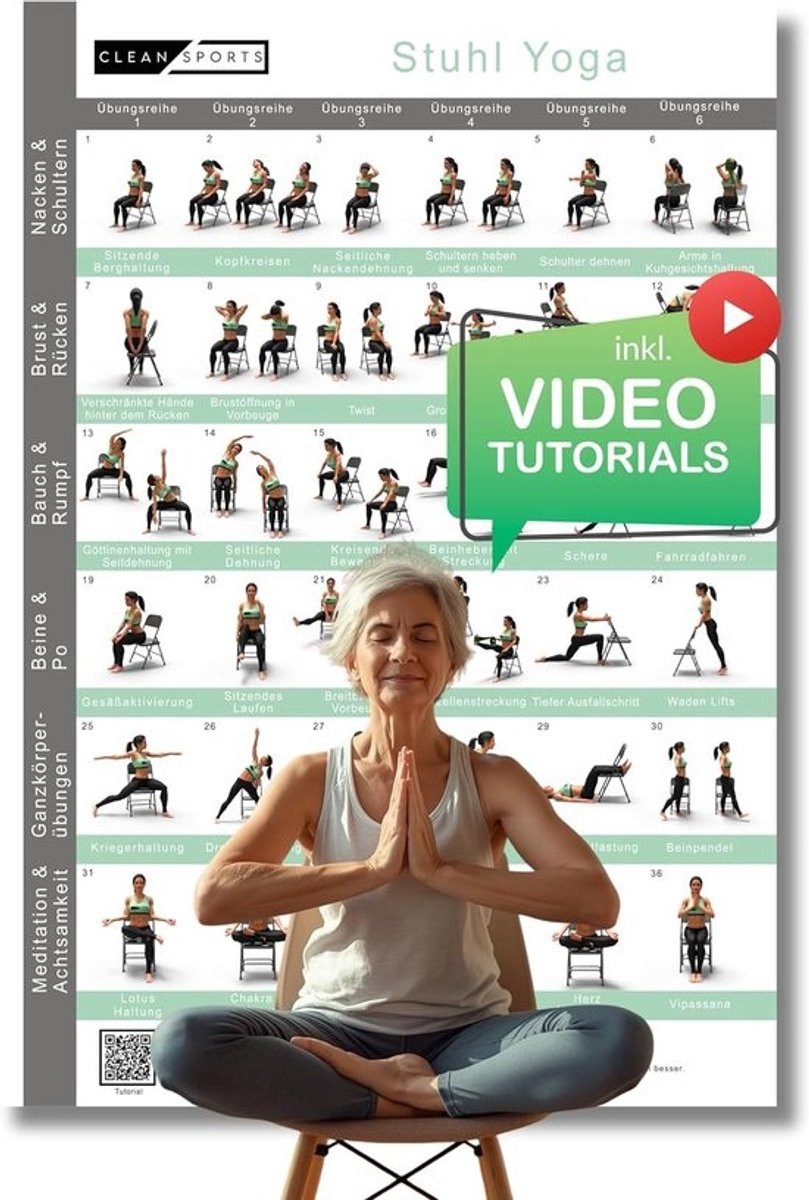 Stoel Yoga Poster - Zittende Oefeningen - Mobiliteit Verbeteren - QR Code Video's - 59x42 cm - Mintgroen