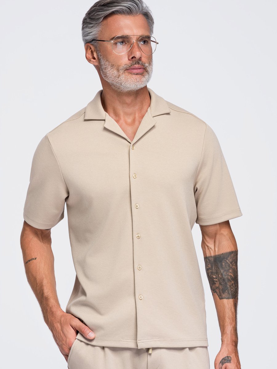 OMBRE Overhemd - Loose Fit - Viscose - Korte Mouw Zand S