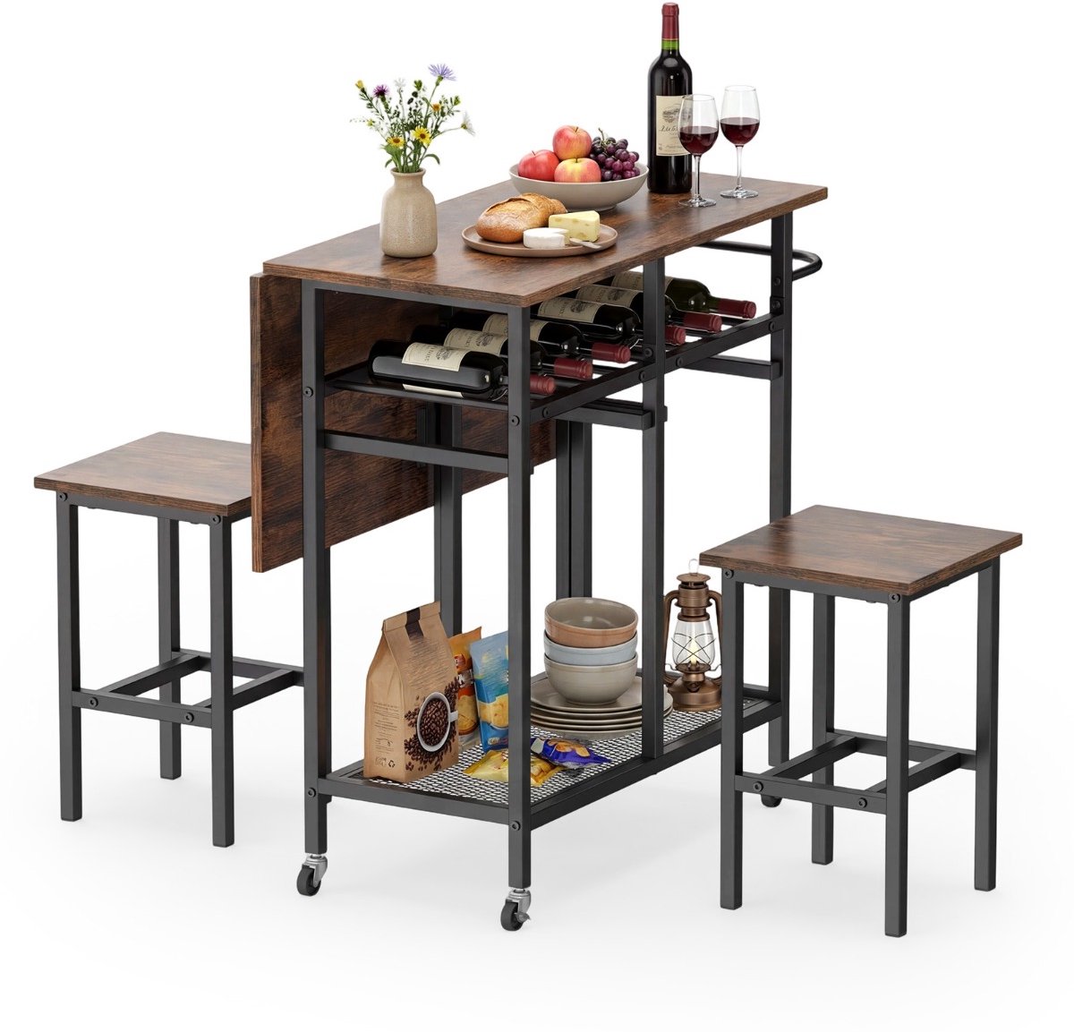 SureDeal® - Eettafel - Delige Uitschuifbare Eettafelset - Stoelen - Wijnrek - 74x74x80 cm - Koffiebruin