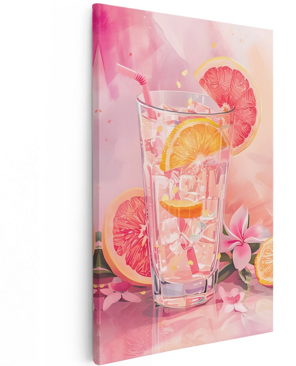 Artaza Canvas Schilderij Roze Cocktail - 120x180 cm - Groot - Wanddecoratie Citrusfruit - Muurdecoratie Roze - Decoratie Tropisch Zomer