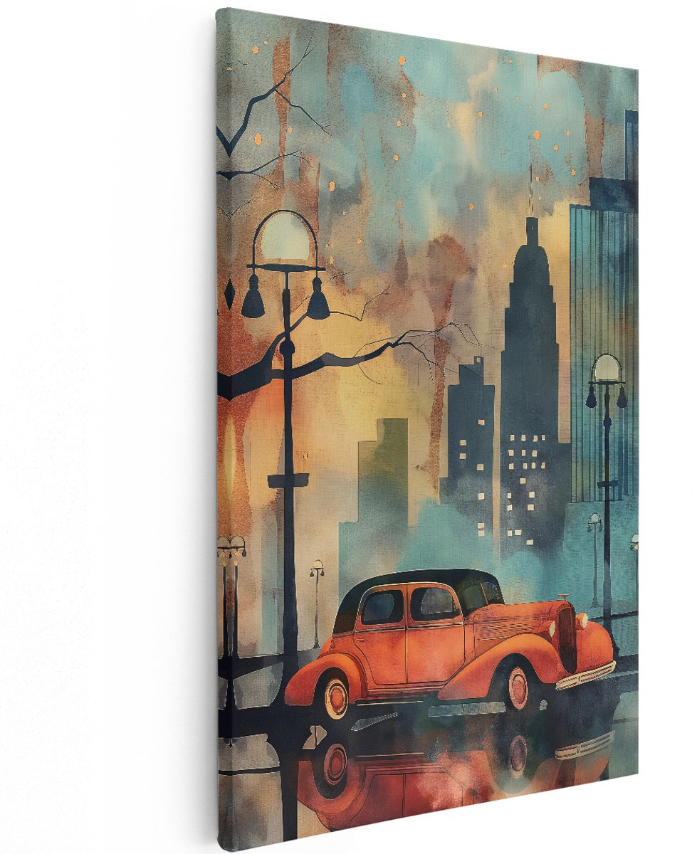 Artaza Canvas Schilderij Auto - 120x180 cm - Groot - Wanddecoratie Vintage - Muurdecoratie Stad - Schilderijen Op Canvas Retro - Oranje