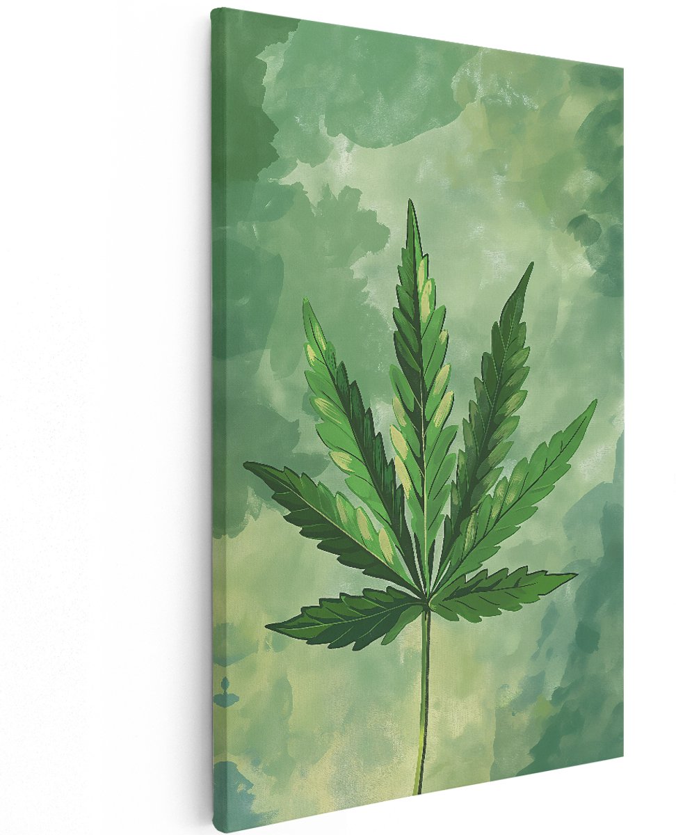 Artaza Canvas Schilderij Cannabisblad - 120x180 cm - Groot - Wanddecoratie Plant - Muurdecoratie Groen - Botanisch Schilderij - Aquarel