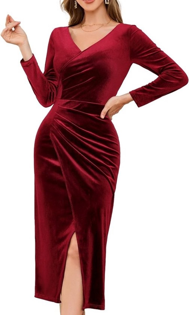 Fluwelen Langarm Maxi Jurk voor Vrouwen - Elegante Bodycon Wrap Jurk voor Bruiloften, Kerstdiners en Feestelijke Gelegenheden