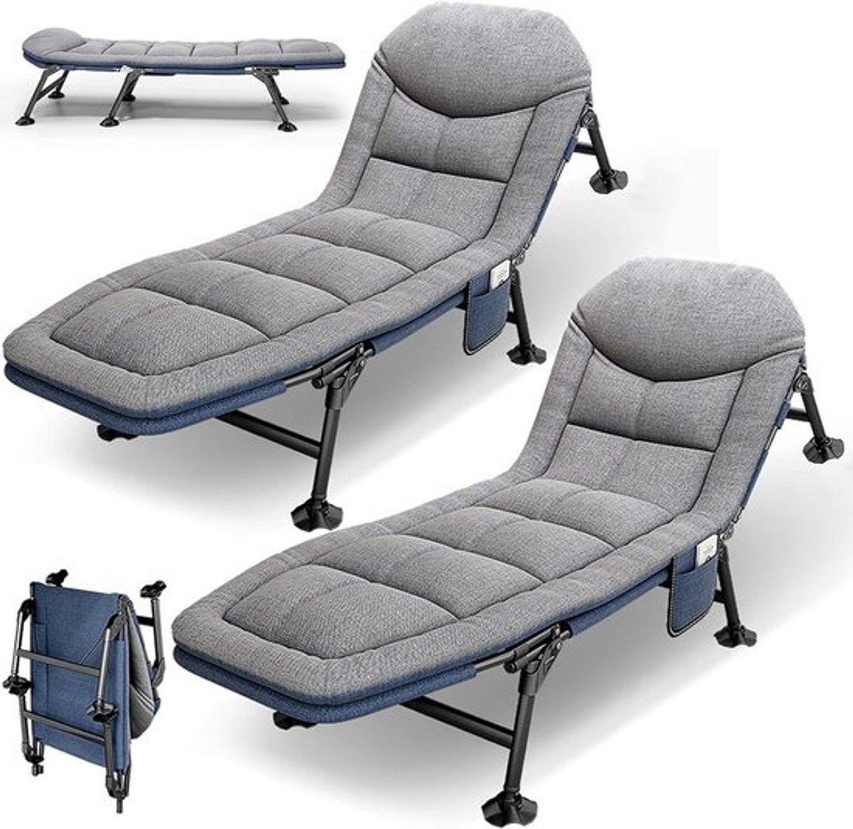 Veldbed Inklapbaar - Campingbed Klapbed - Ontspannen Buiten - 5-voudig Verstelbare Rugleuning - 190 x 65 cm - Twee Grijs