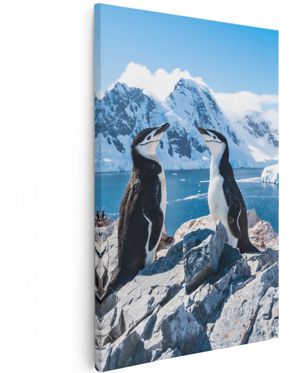 Artaza Canvas Schilderij Twee Pinguïns op Stenen in Antarctica - 120x180 cm - Groot - Wanddecoratie Woonkamer - Schilderijen - Muurdecoratie