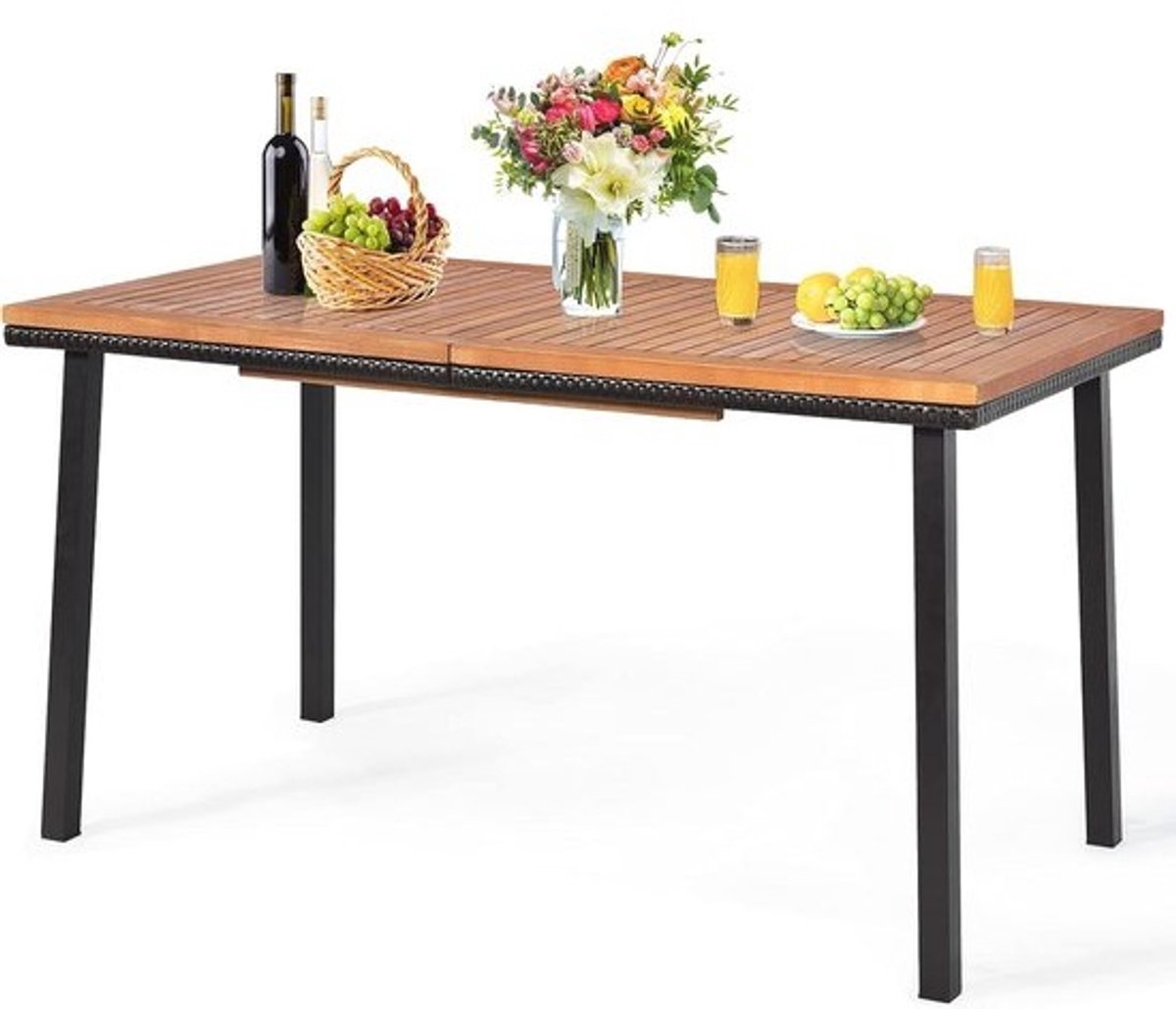 Tuintafel met Parasolgat voor 6-8 Personen - Eettafel met Acaciahouten Blad en Metalen Poten - Duurzaam en Geschikt voor Binnen en Buiten