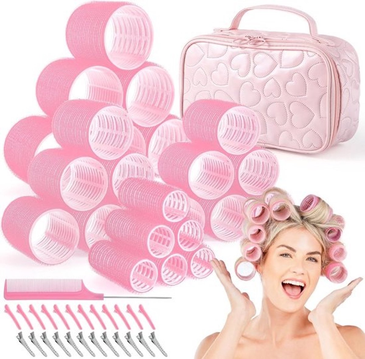 Haarrollers set - Krulspelden volume - Haar stylen - 4 maten zelfgrippend - 50 stuks - Roze