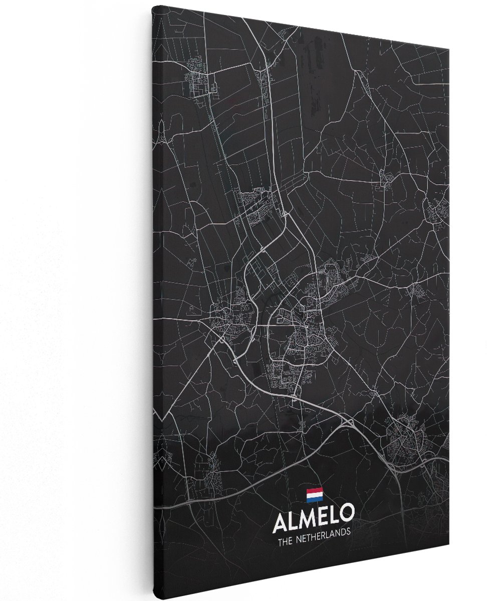 Artaza Canvas Schilderij Stadskaart Almelo in het Zwart - 120x180 cm - Groot - Muurdecoratie - Canvas Print
