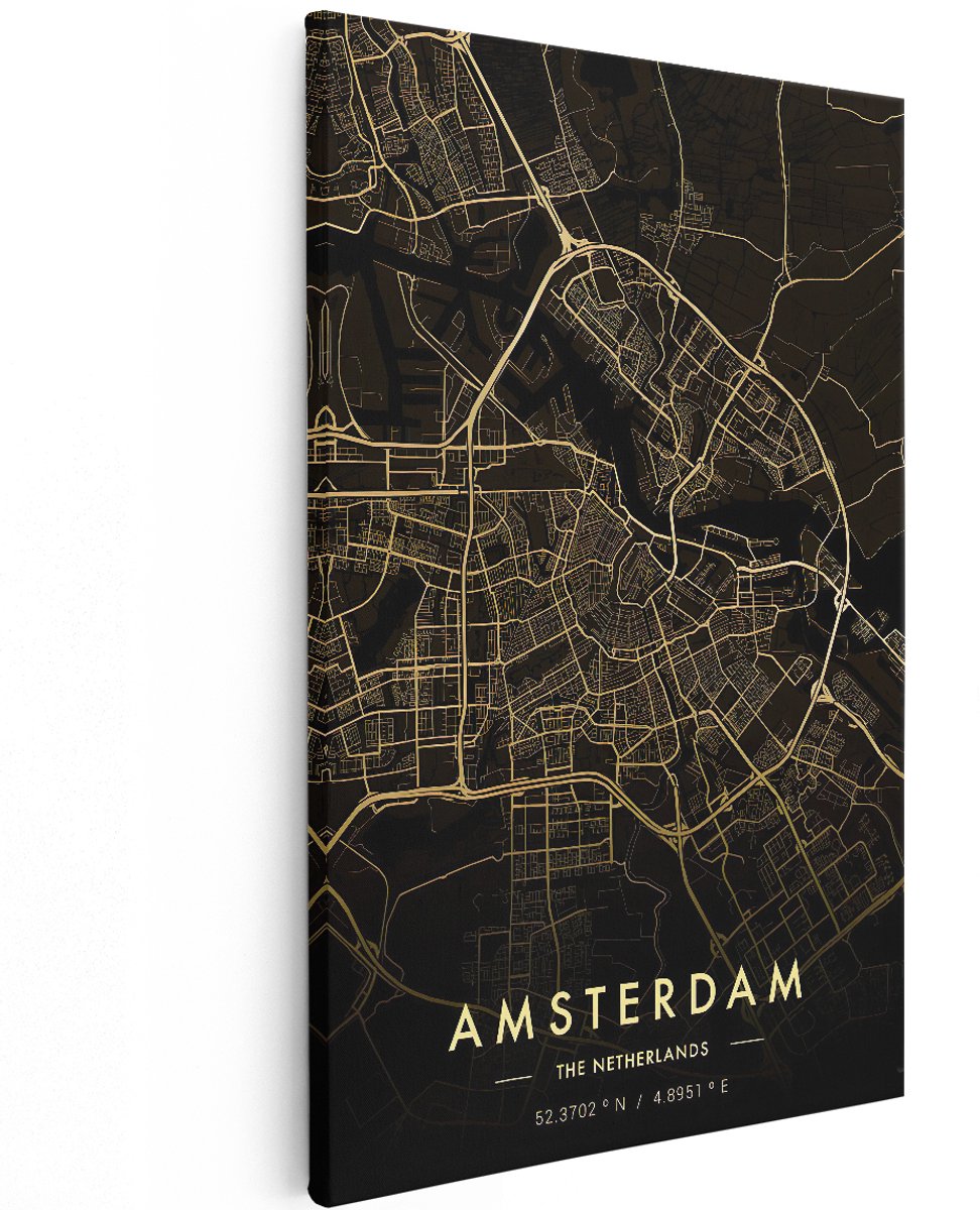 Artaza Canvas Schilderij Stadskaart Amsterdam in het Zwart Goud - 120x180 cm - Groot - Muurdecoratie - Canvas Print