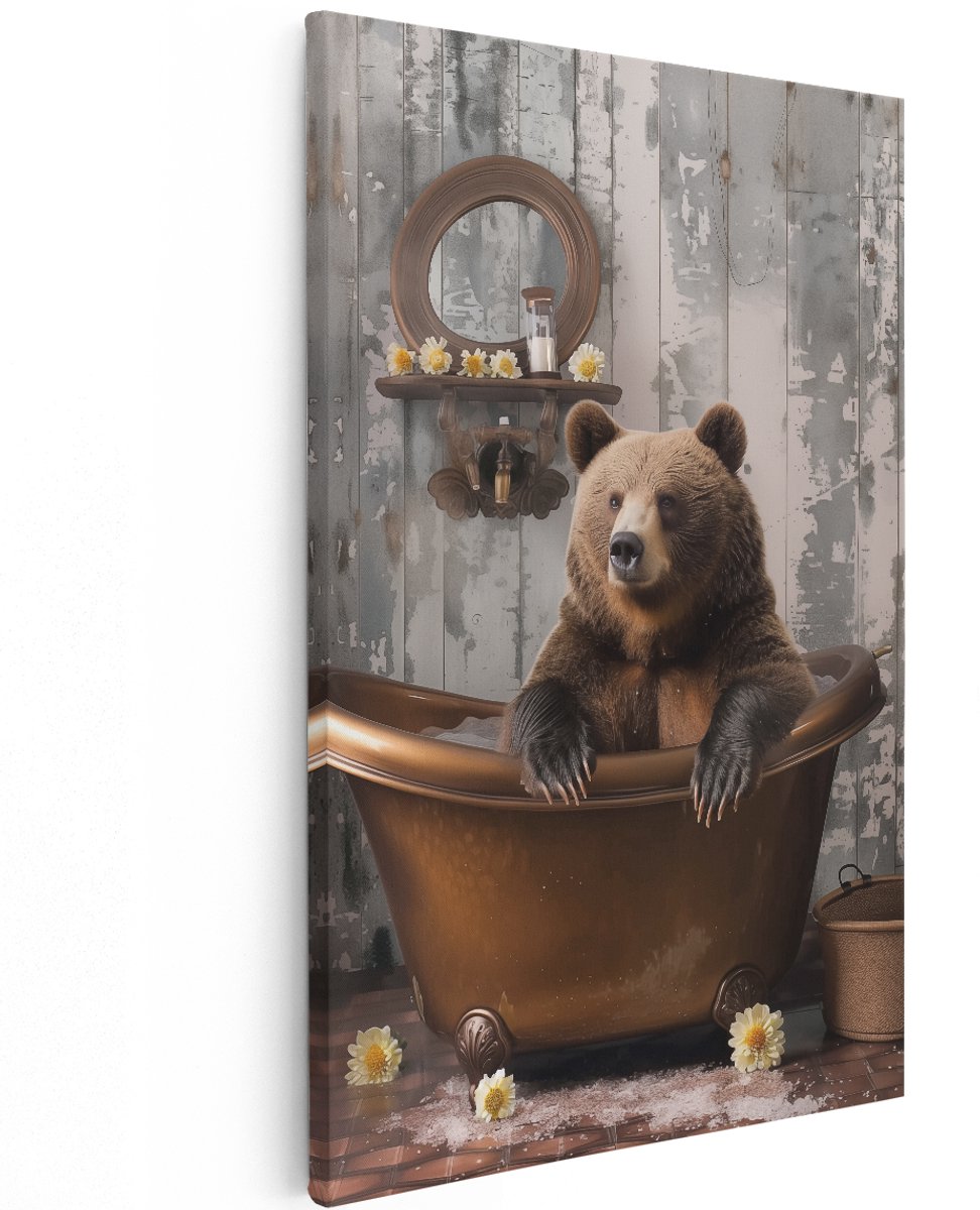 Artaza Canvas Schilderij Beer in een Badkuip - Dieren - 120x180 cm - Groot - Wanddecoratie Woonkamer - Schilderijen - Muurdecoratie