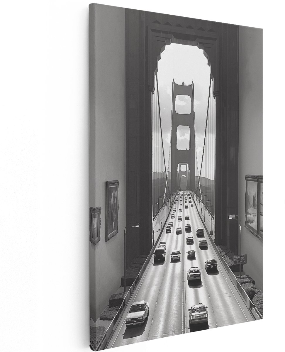 Artaza Canvas Schilderij Auto’s op de Golden Gate Bridge - San Francisco - 120x180 cm - Groot - Wanddecoratie Woonkamer - Schilderijen - Muurdecoratie