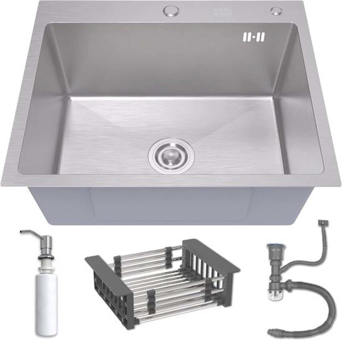 Keukenwasbak 60x50 cm met Sifon, Mandje Afvoer & Zeepdispenser - RVS Topmount Single Bowl Wasbak
