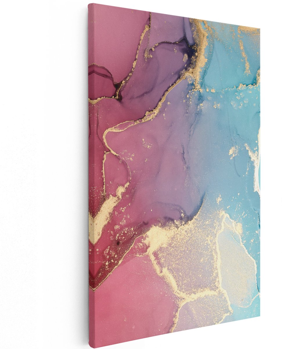 Artaza Canvas Schilderij Abstracte Kunst van Marmer - Roze met Blauw - 120x180 cm - Groot - Wanddecoratie Woonkamer - Schilderijen - Muurdecoratie