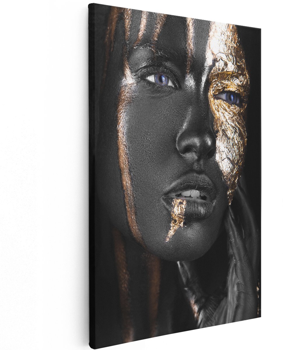 Artaza Canvas Schilderij Gouden Vrouw Gezicht - 120x180 cm - Groot - Foto Op Canvas - Wanddecoratie Woonkamer