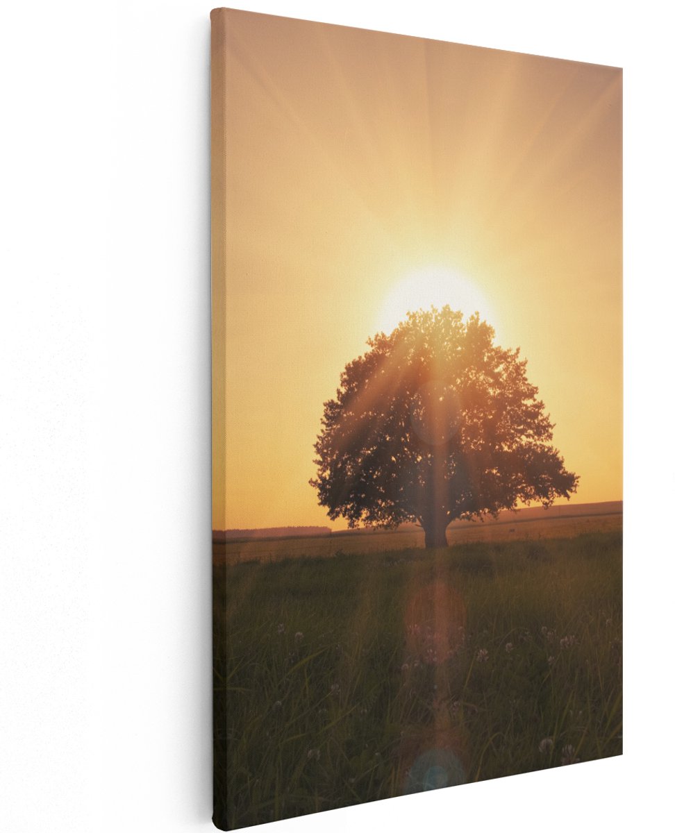 Artaza Canvas Schilderij Zonsondergang Achter Een Grote Boom - 120x180 cm - Groot - Wanddecoratie Woonkamer - Schilderijen - Muurdecoratie