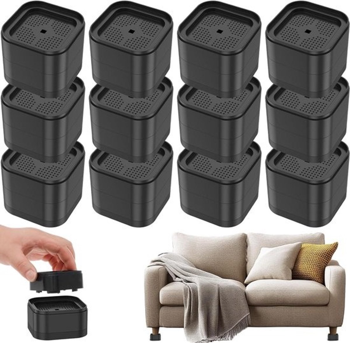 Meubelverhogers - Tafelverhogers Bankpoten - Meubels Verhoging - Stapelbaar Antislip - 24 stuks - Zwart