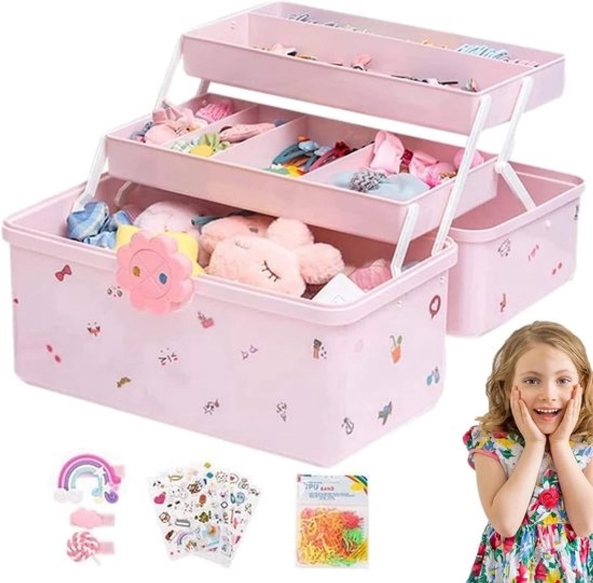 Kinder Sieraden Doos - Accessoires Opberger - Haarspullen Organiseren - Drie Laags Ontwerp - Medium