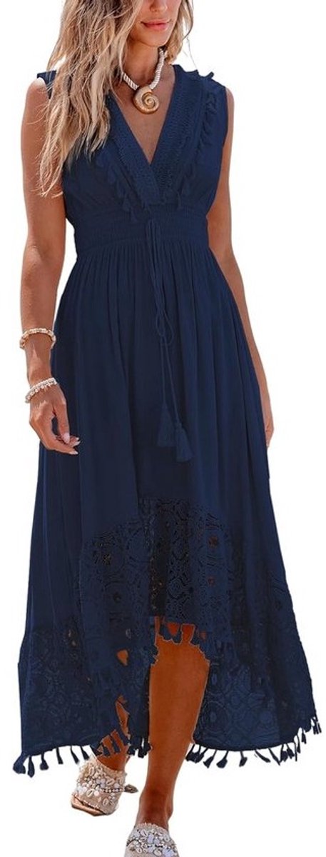 Dames Maxi Jurk met V-Hals, Kant en Gesmokte Taille - Lang Zomer-/Strandjurk
