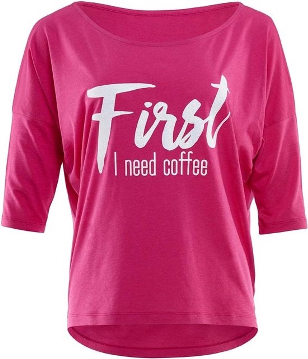 Dames T-Shirt met 3/4 Mouwen en 'First I Need Coffee' Glitteropdruk
