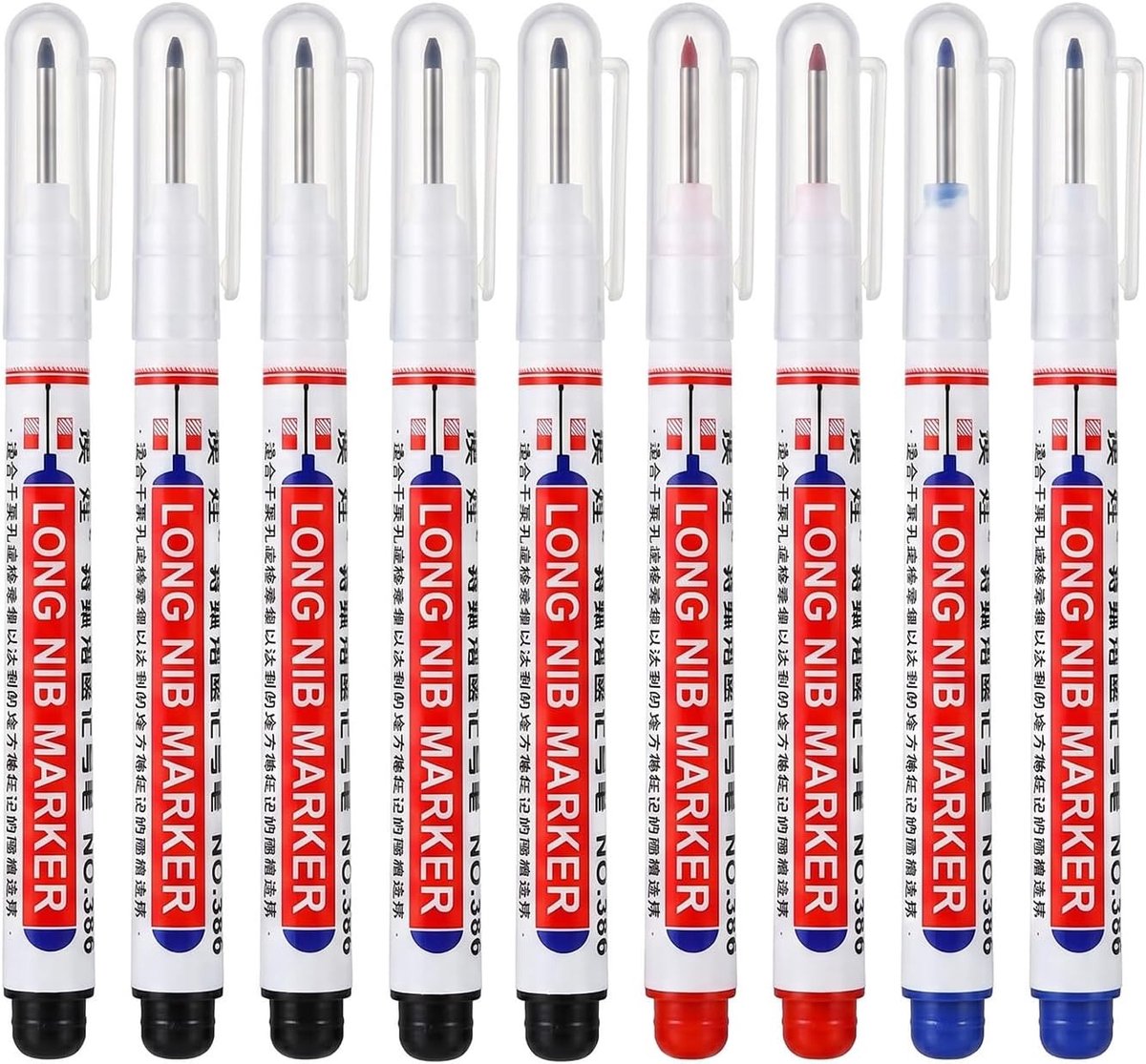 9-delige markeerstiften voor diepe gaten, permanente markeerstiften met fijne punt voor nauwkeurige markeringen, ideaal voor moeilijk bereikbare plekken (zwart, blauw, rood)