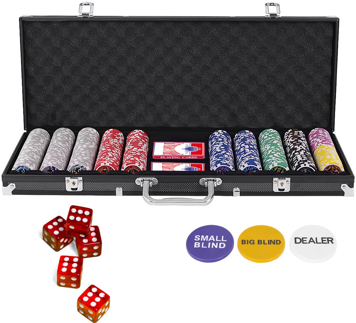 SureDeal® - Speelkamer - Stuks Casino Poker - Fiches - Speelkaarten - Dobbelstenen - Dealer Fiches - Tafelkleed Zwart - 56x20x6 cm - Zwart