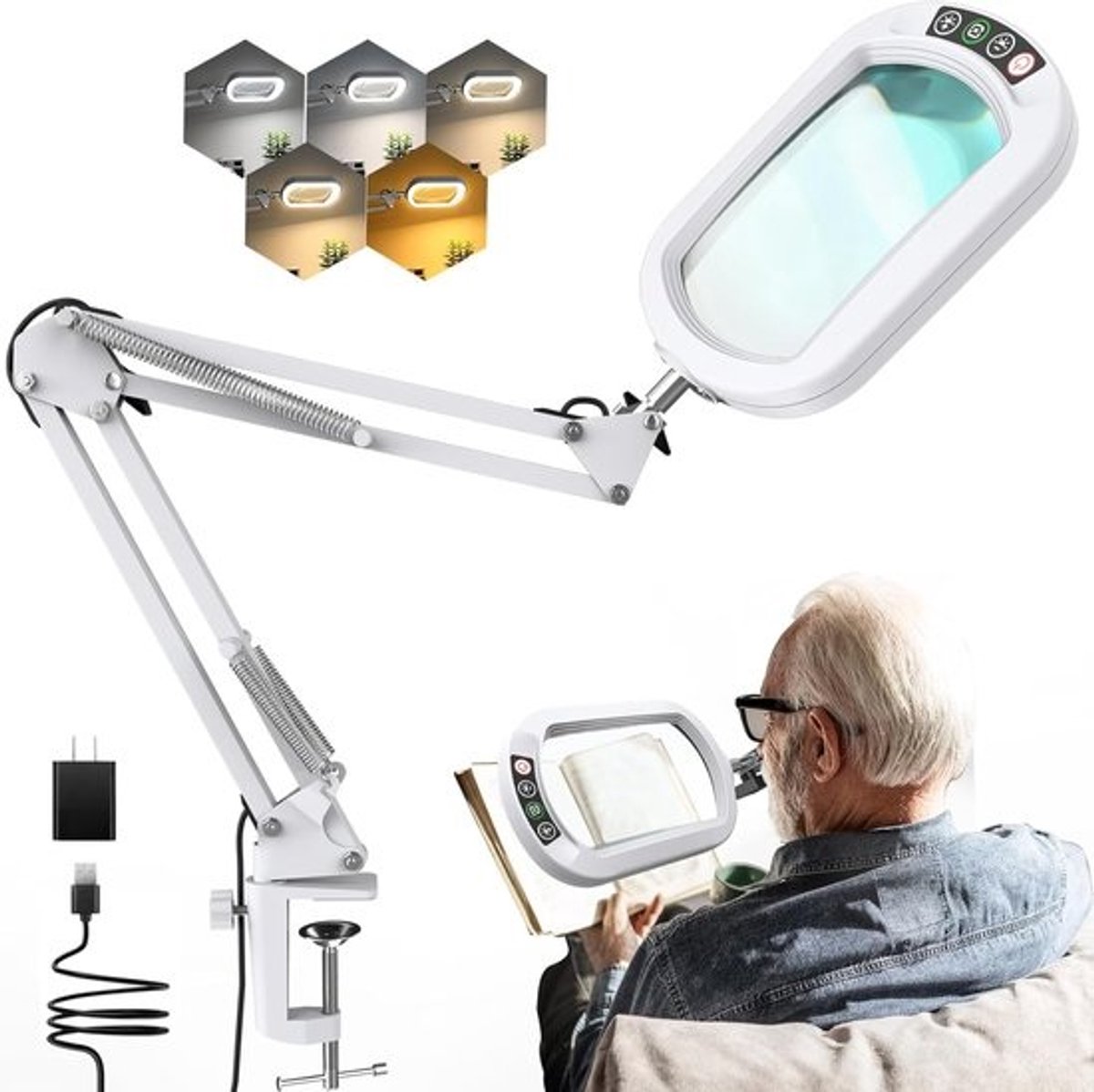 Vergrootglas met licht - Verlichte loep - Precisiewerk - 10x glas lens - Flexibele arm - Wit