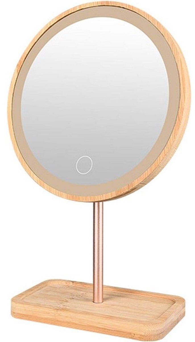 Make-up Spiegel - Cosmetica Spiegel - Bureau Verlichting - Aanpasbare Touch Lamp - 29x18x15 cm - Houtkleur