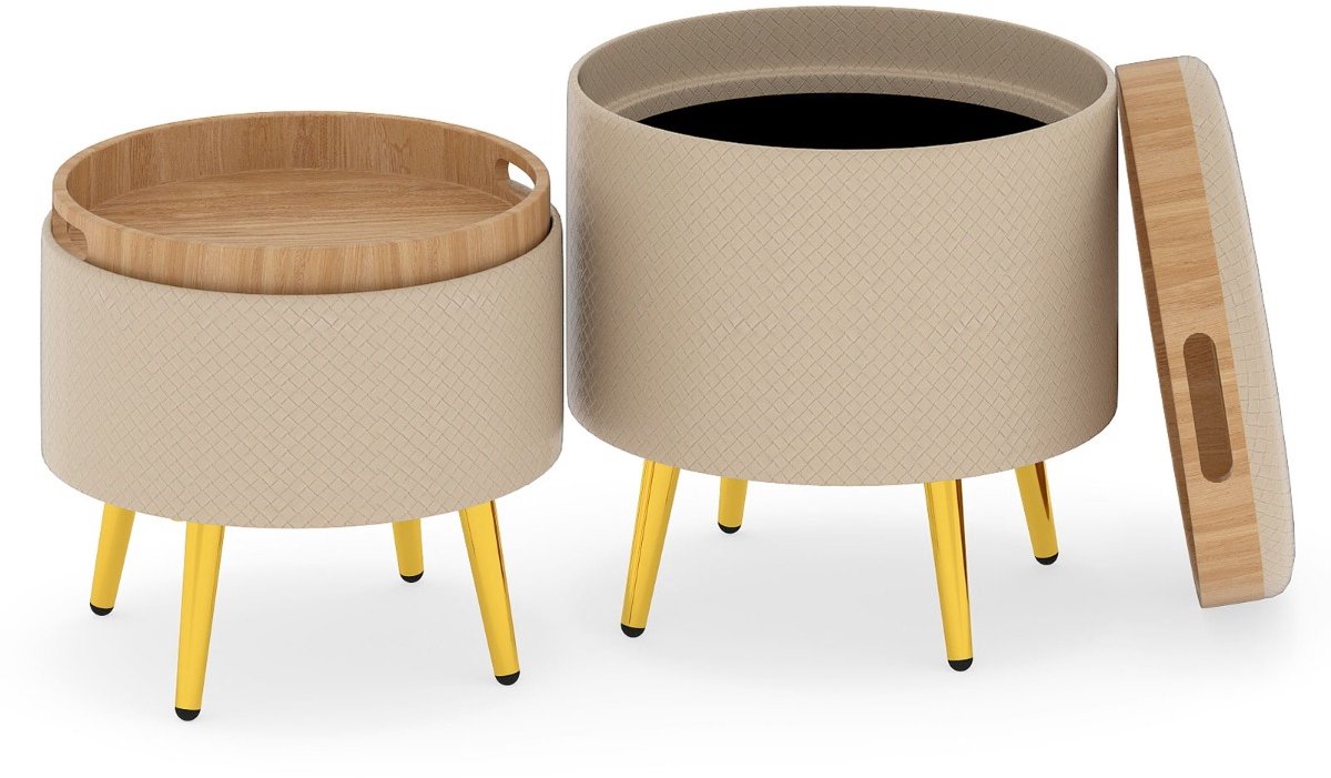 SureDeal® - Poef - 2-delige Opbergkrukkenset Ronde - Opvouwbaar Dienblad - 44,5x44 cm - Naturel