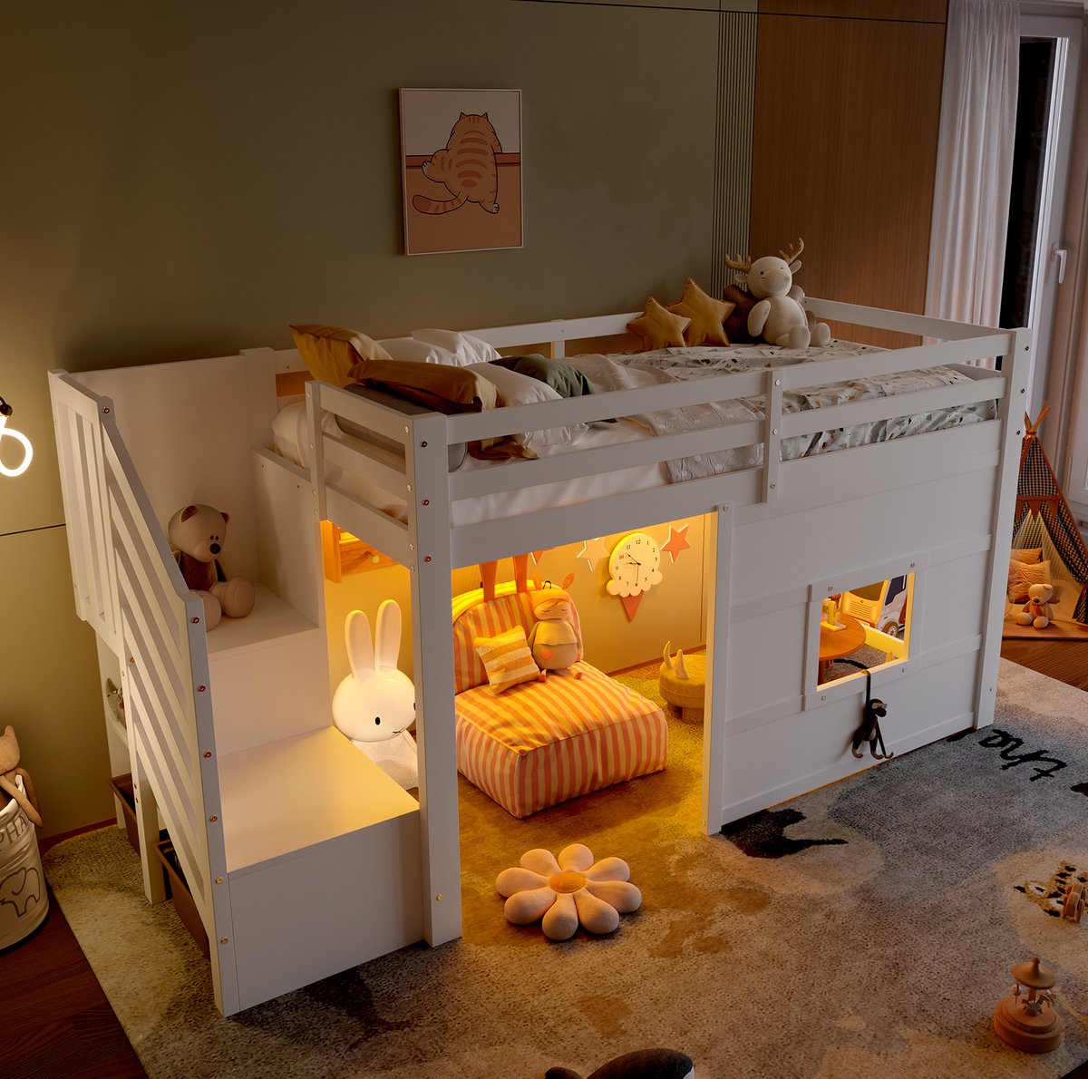 REDOM - Bed frame - Hoogslaper met opbergruimte - Ingebouwde trap - Met verlichting - Moderne stijl - Kinderkamer - Hout en MDF - Wit - 254 x 95 x 127 cm