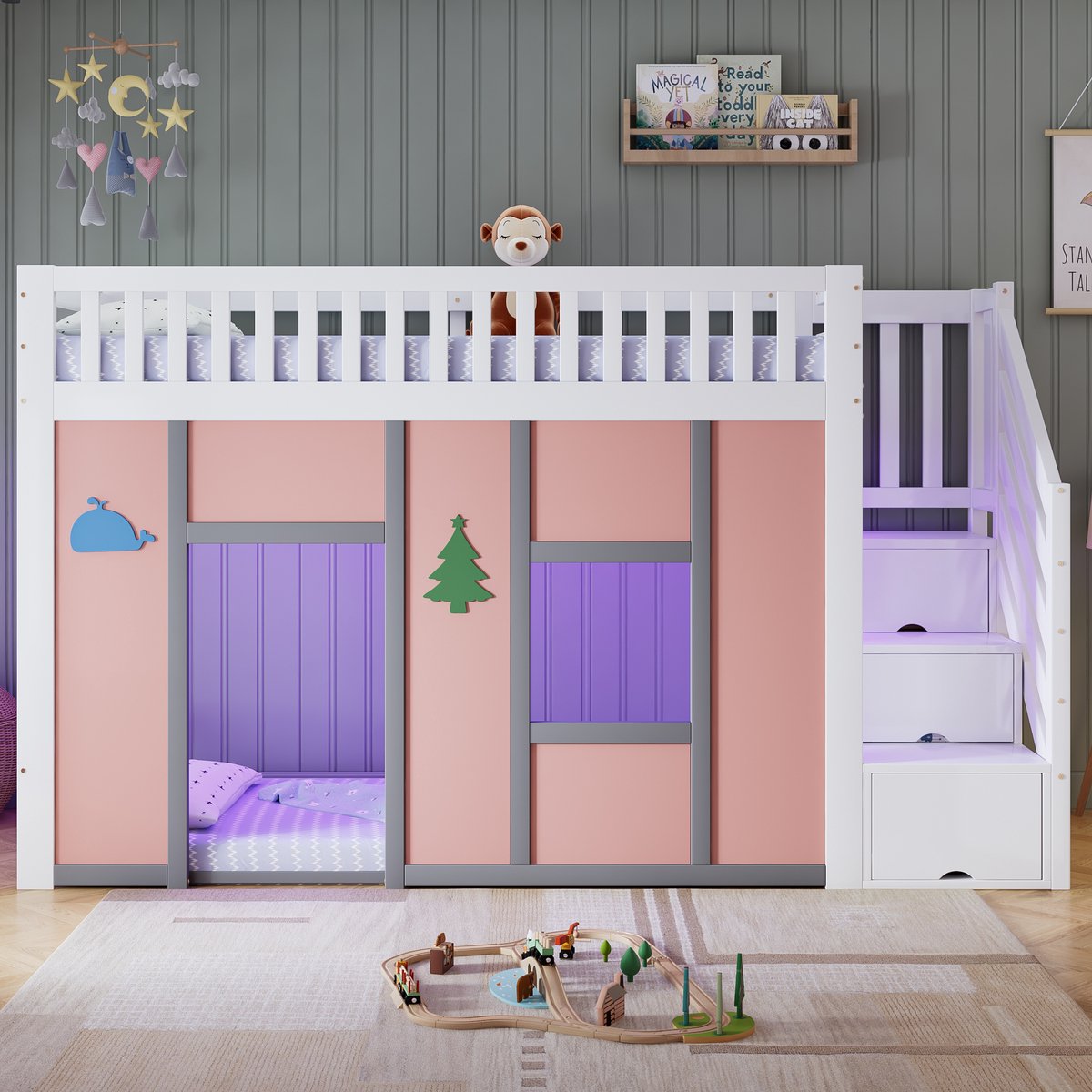 VVBV Hoogslaper 90x200 – Houten Hoogslaper met Opbergruimte, Ladder, Trap, Uitvalbeveiliging en LED-Verlichting – Zonder Matras – Massief Hout – Wit + Roze