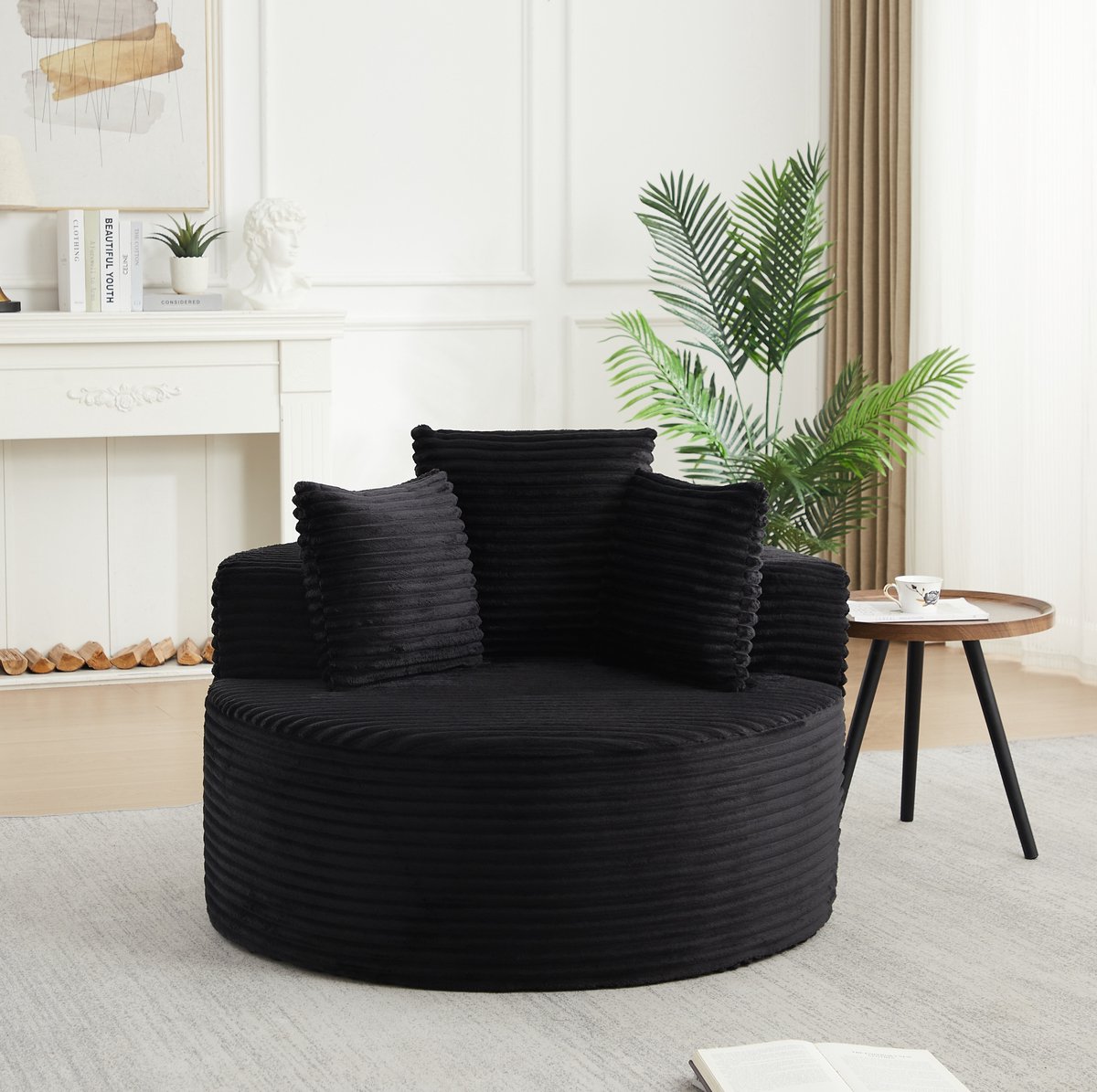 REDOM - Fauteuil - Ronde 1-zits loungefauteuil met 3 kussens - Brede armleuningen en antislip onderzijde - Minimalistisch design - Woonkamer en slaapkamer - Corduroy en schuim met verenkern - Zwart - 110 x 82 cm