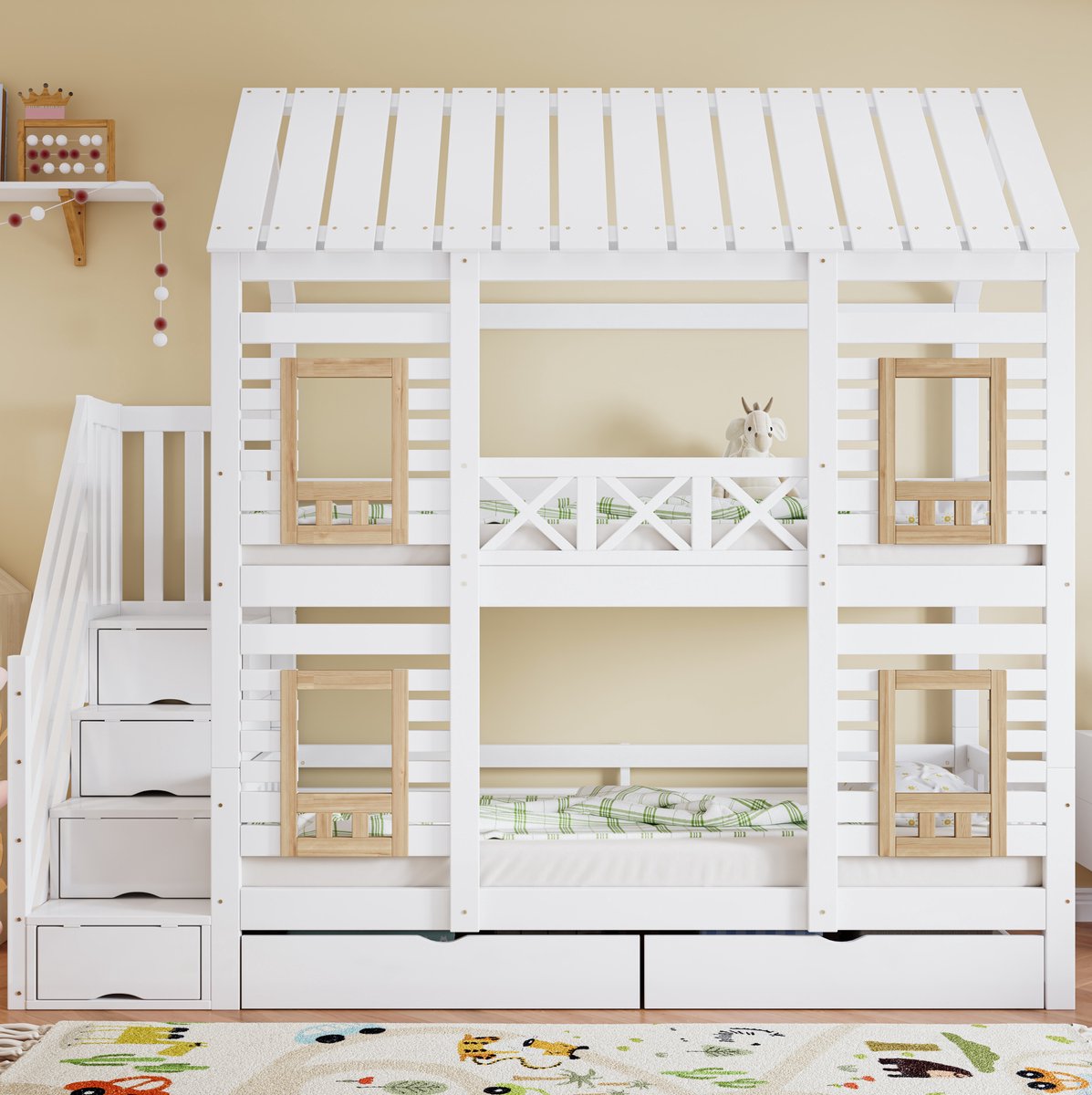 Wishdor Stapelbed - Huisvormig kinderbed - Met ramen, uitvalbeveiliging, trapopslag en lades - Speels ontwerp - Kinderkamer - Hout en MDF - Wit naturel - 254 x 95 x 230 cm