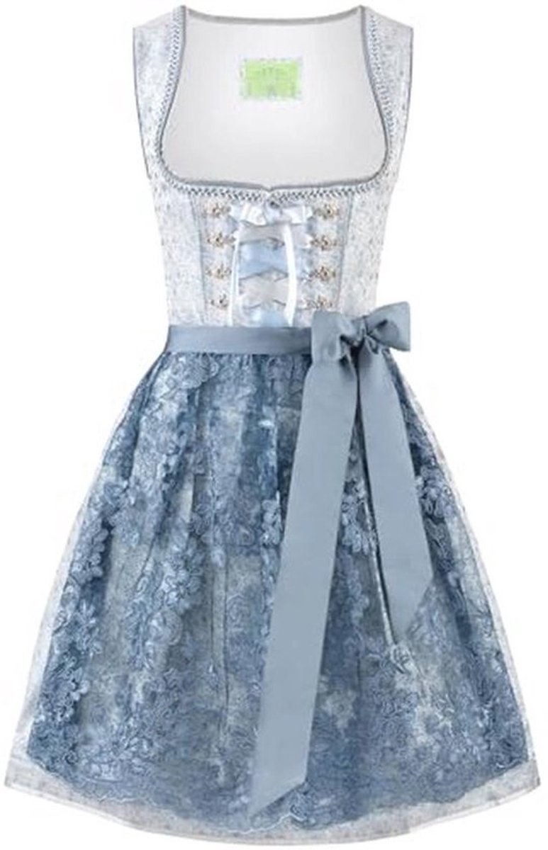 Mini-dirndl voor dames in rookblauw met kanten schort