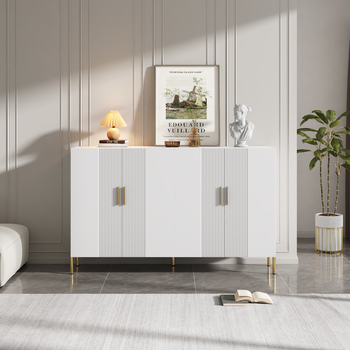 Wishdor opbergkast - Vier deuren en verstelbare planken - Metalen poten en gouden grepen - Modern minimalistisch - Woonkamer eetkamer hal - Wit - 160 x 35 x 100 cm