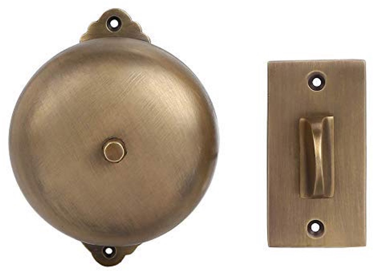 Famanu – Vintage draadloze deurbel met handbediende draaicel, antiek messing afwerking, traditioneel alarm voor de voordeur
