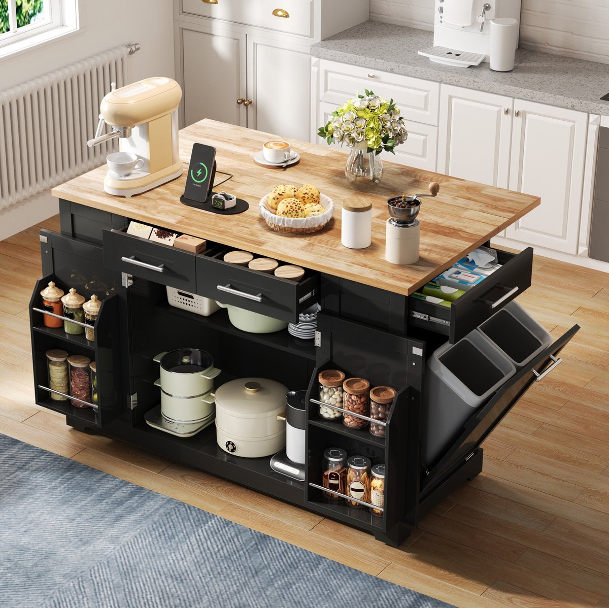 REDOM - Keukeneiland - Klapbaar werkblad - Uittrekbare afvalruimte - EU-stopcontact en USB/Type-C - MDF - Zwart en Naturel - 138 x 86 x 92 cm