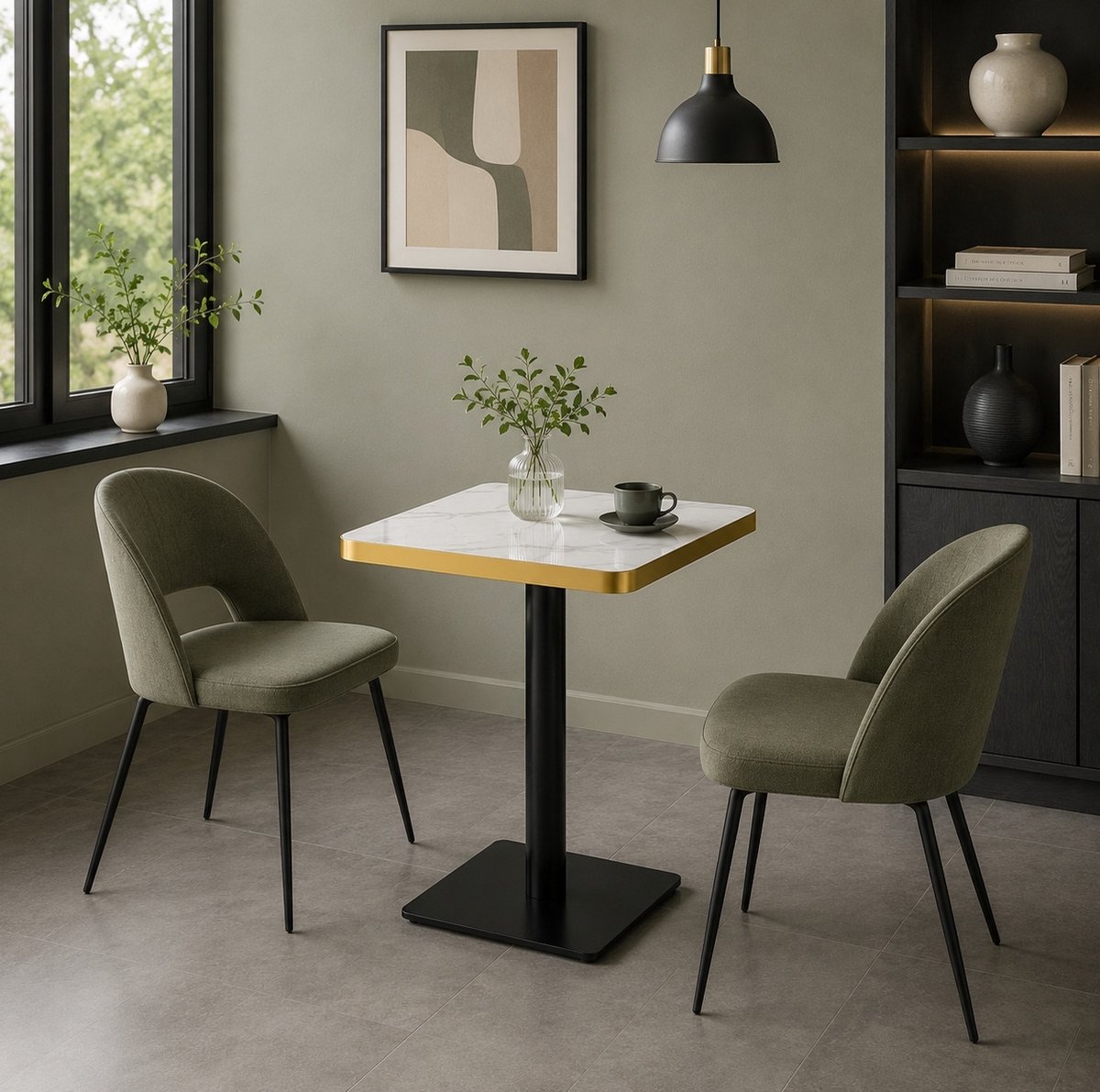 REDOM - Tafel - Vierkante eettafel met marmereffect - MDF tafelblad met metalen onderstel - Modern - Eetkamer, bistro en café - MDF en metaal - Wit - 60 x 60 x 74 cm
