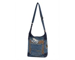 Sunsa-Tas-Denim-Canvas-Leer-gerecyclede jeans-370-dames-heren-Retro-Vintage-Streetwear- 30 x 30 x 9 cm-Denim/Bruin