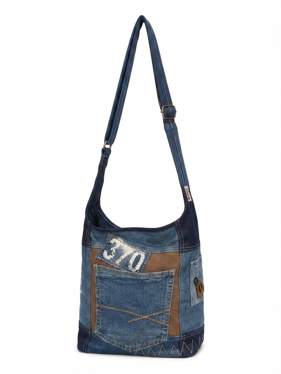 Sunsa-Tas-Denim-Canvas-Leer-gerecyclede jeans-370-dames-heren-Retro-Vintage-Streetwear- 30 x 30 x 9 cm-Denim/Bruin