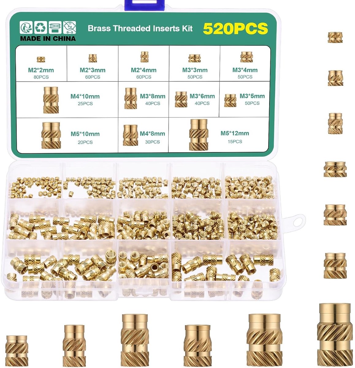 Schroefdraadinzetstukken voor 3D-printen - 520 stuks messing moeren M2 M3 M4 voor stevige verbindingen