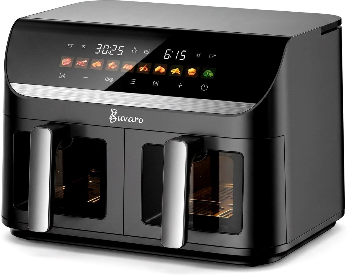 BUVARO Dual Zone Airfryer XXL 11L – 2 x 5,5L – 2950W – 10 Programma’s – DUAL & SYNC Finish – Kijkvensters – Zwart