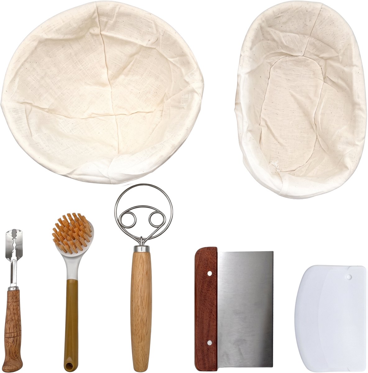 Purepeak Rijsmand Zuurdesem Set - Rijsmandje Broodbakken Rond - Broodmand Ovaal - Broodmandjes voor op Tafel - met Deegschraper, Deense Deegklopper, Deegmesje & Deegkleed