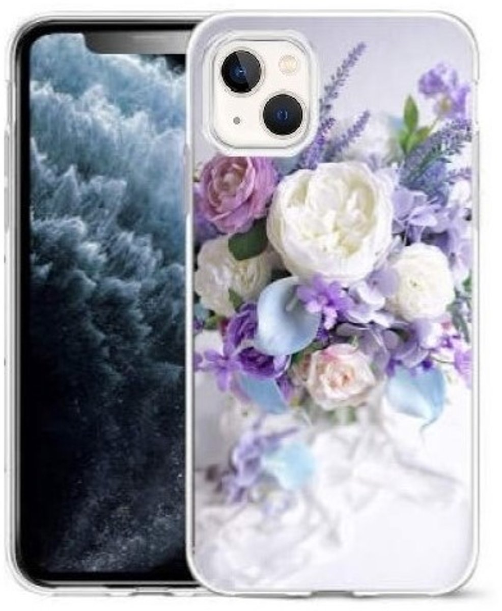 Cityhoesje-iPhone 14 / 13-Bloemen Paars-Backcover - Bloemen Wit