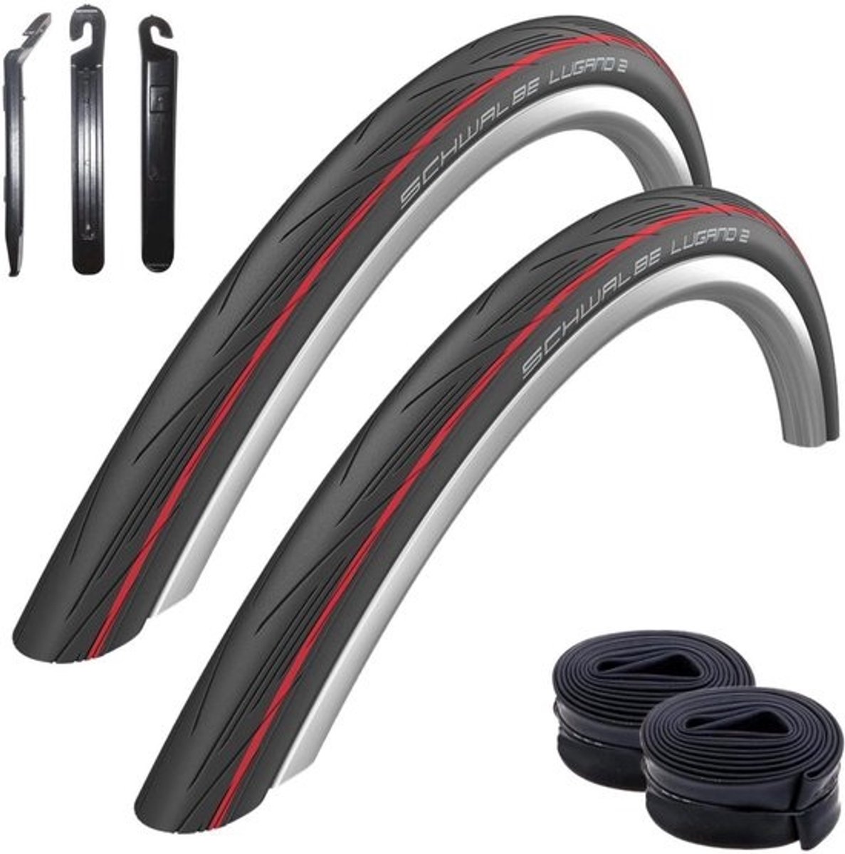 Racefietsbanden set - Banden en binnenbanden - Weggebruik - Complete set met bandenlichters - 700x25C - Zwart rood