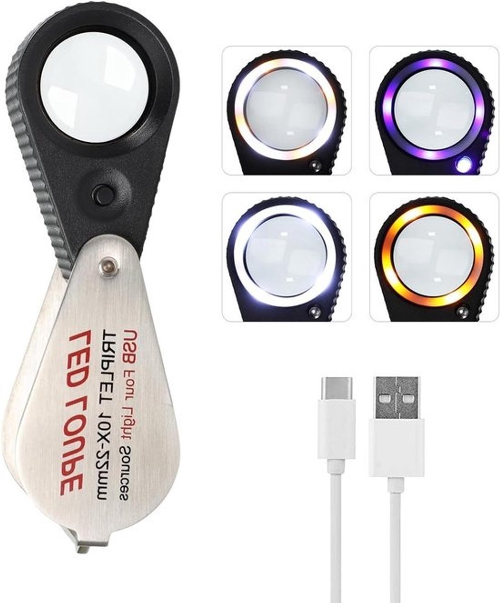 Drievoudige Loep - Vergrootglas met Licht - Sieraden Inspecteren - 4 Lichtmodi - 22 mm Lens - Zilver
