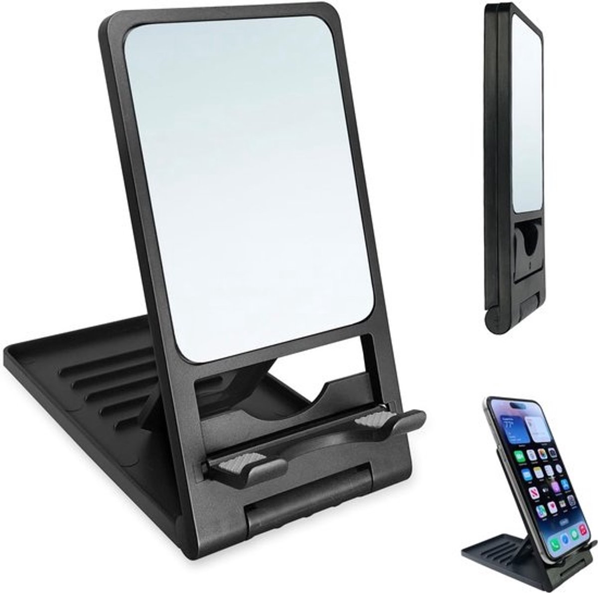 Draagbare Make-up Spiegel - Opvouwbare Toiletspiegel - Reizen en Thuis - Ingebouwde Telefoonstandaard - 11.9 x 6.4 cm - Zwart