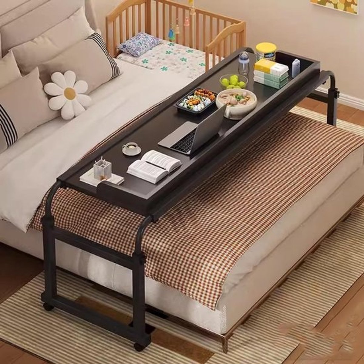 Verstelbare Bedtafel - Roltafel Nachtkastje - Comfortabel Werken - Stabiliteit en Valbeveiliging - 115-210 cm Breed - Zwart