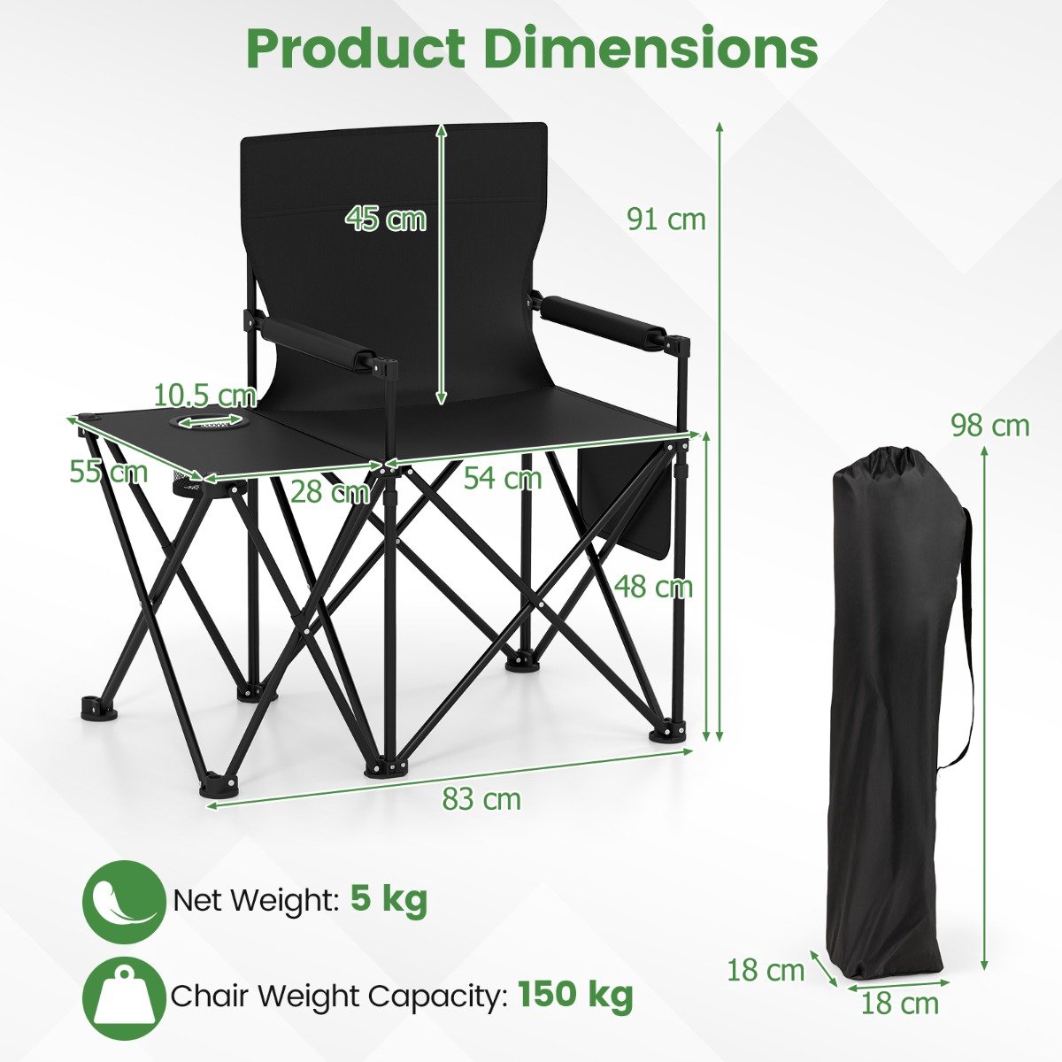 SureDeal® - Kamper - Opvouwbare Campingstoel 2-delige - Zijtafel Bekerhouder - Zijzak Zwart - 83x55x91 cm - Zwart