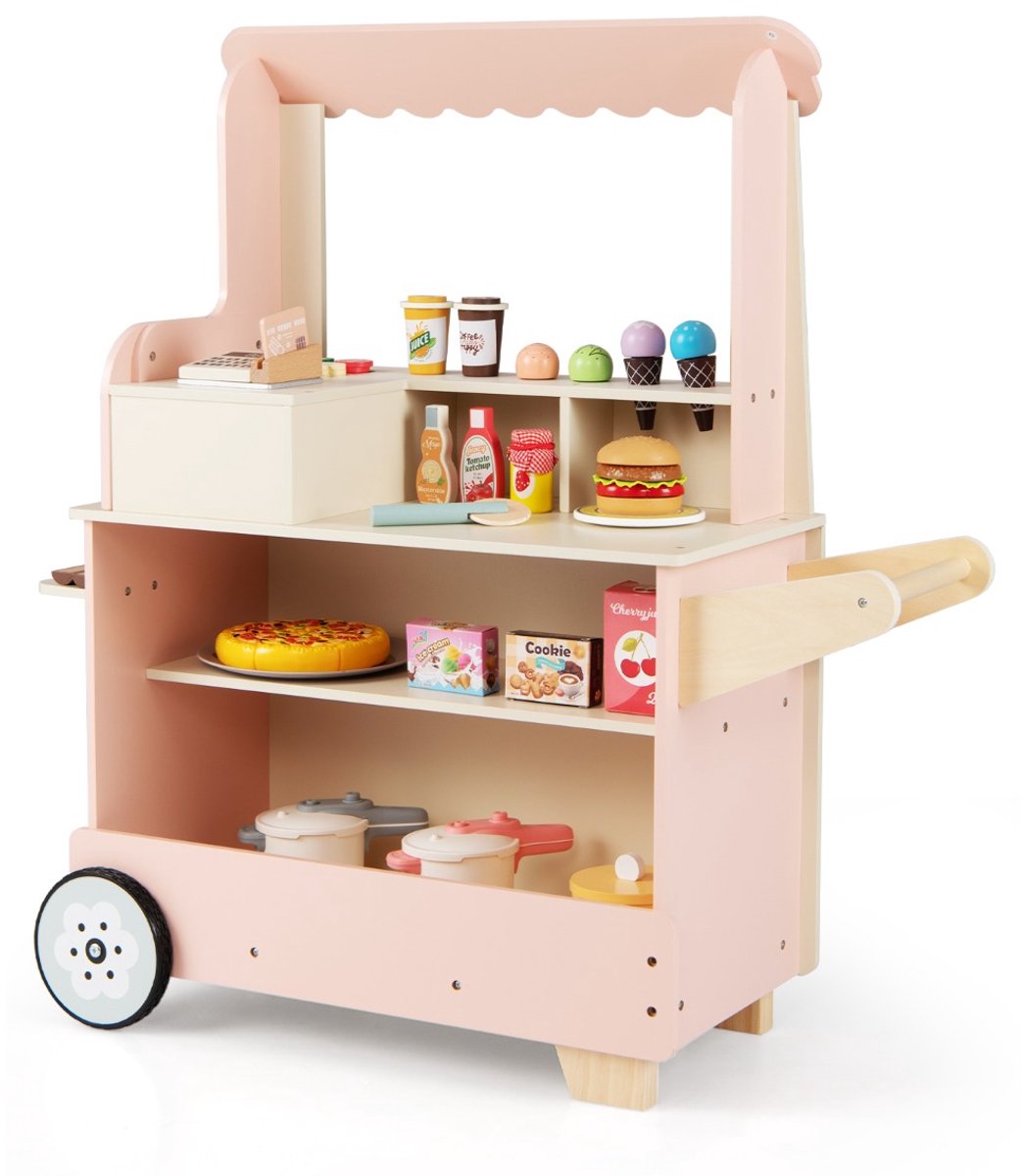 SureDeal® - Rollenspell - Kinderpizza Food Truck - Oven Magnetisch Bord - Kassa Winkelverkoopkraam Wielen - 82x33x88 cm - Roze