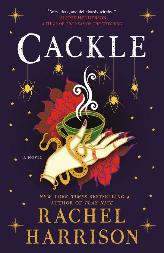 Boekcover van Cackle met de titel in grote witte letters, een groene kop met damp en een slang eromheen, op een paarse achtergrond met spinnen en sterren.